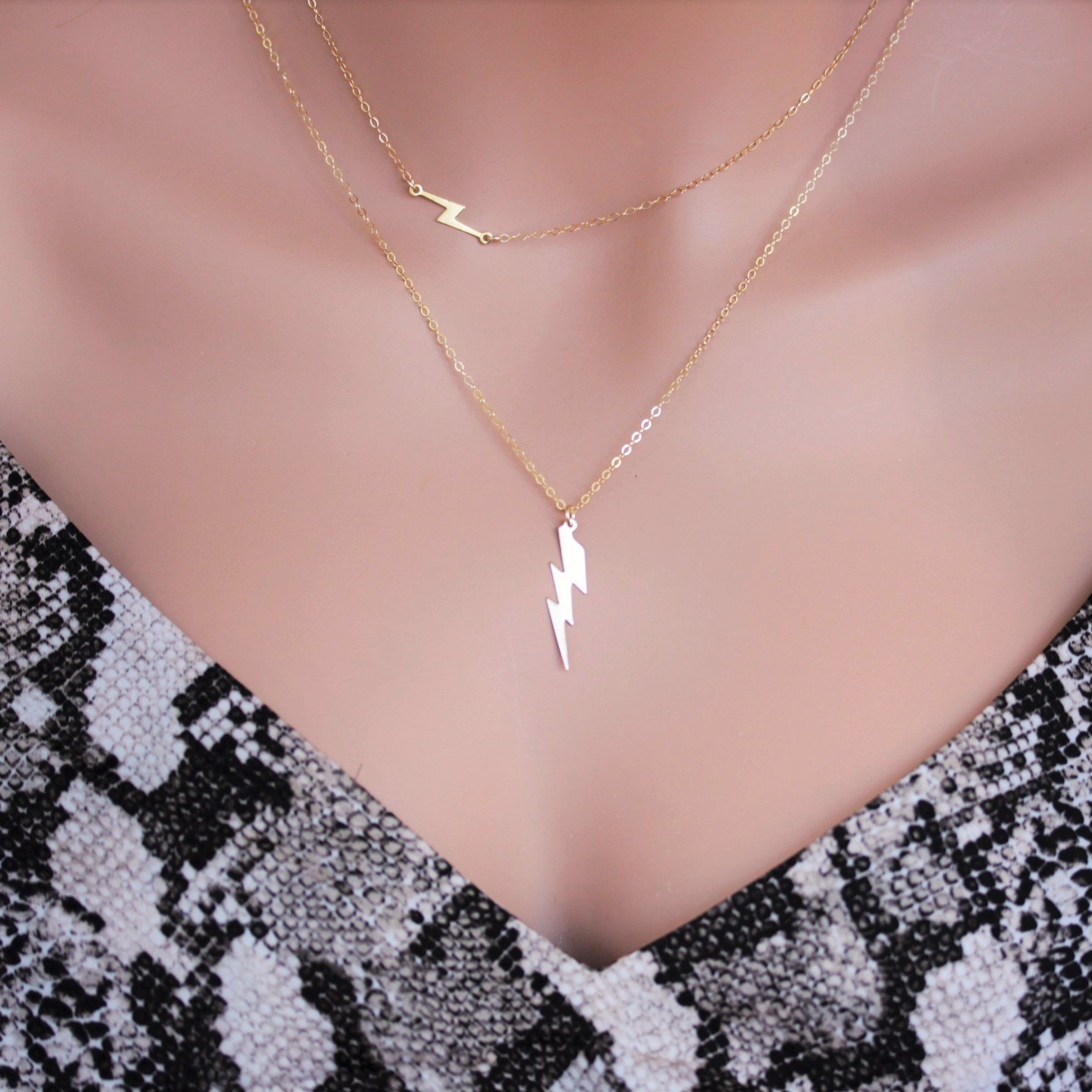 Layered Gold Necklace Set - Sideways Lightning Bolt Necklace