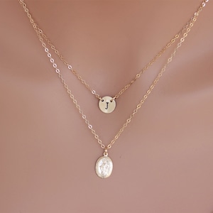 Personalized Virgin Mary Necklace Set: 14k Gold Fill Initial Charm