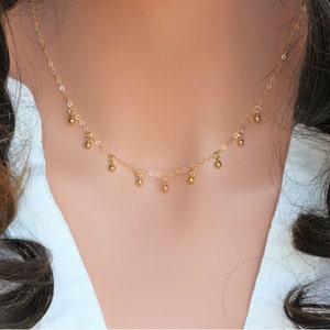 Gold tiny dangle Ball Necklace - Gold ball drop necklace - Gold Charms Choker - Tiny Ball Drop in 14k Gold Fill -Gold Bead dangle layering