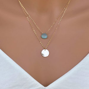 Gold Layering Halskette Set: 14k Gold Fill Plättchen & Geburtsstein Anhänger