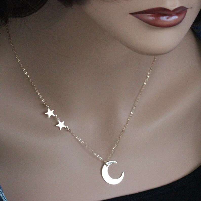 Crescent Moon and Star Necklace Moon Necklace 14K Gold Etsy