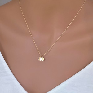 14k Solid Gold Initial Necklace: Tiny Coin Disc Pendant