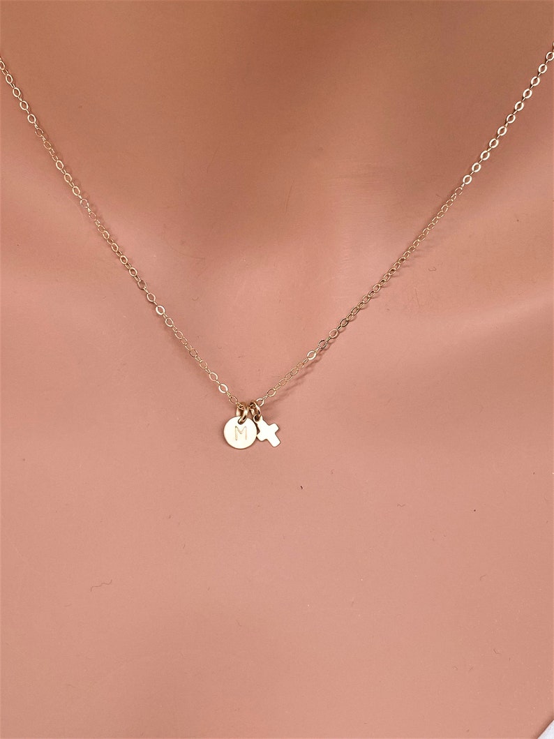 14k solid gold Tiny Initial and Tiny Cross, Super tiny initial with Cross, Solid Gold Chain, Tiny Gold Cross and Tiny Initial in 14k Gold image 3