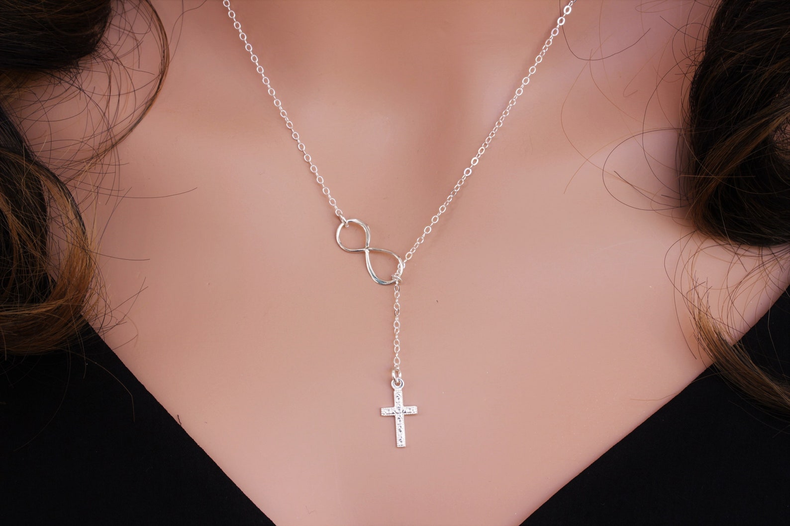 Sterling Silver Infinity Cross Lariat Necklace, Religion Necklace. - Etsy