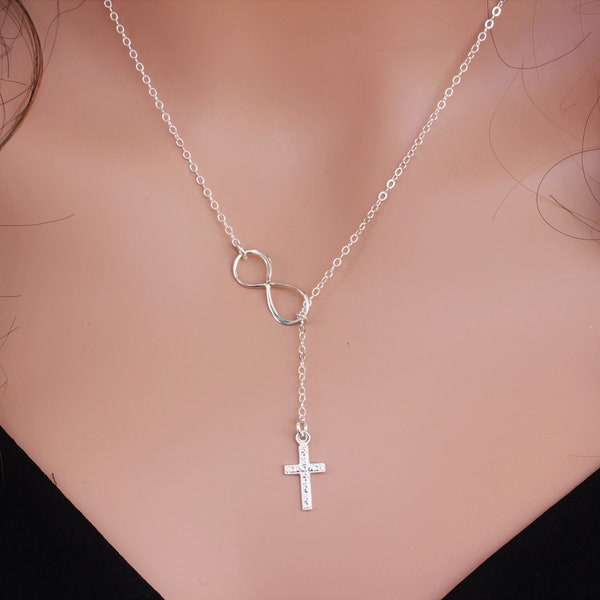 Infinity Cross necklace - Sterling Silver lariat necklace - Cross necklace women - Cross jewelry -Mothers Day gift ideas for mom sister wife