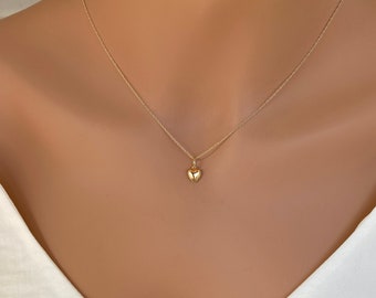 14k Gold Tiny Heart pendent and super skinny Rope Chain - 14k yellow Gold tiny Heart Pendant - Tiny gold heart pendent - Puff heart