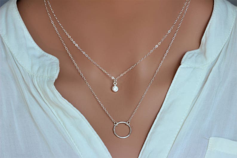 Tiny CA dot dangle Silver Cz necklace Round solitaire CZ bezel charm Sparkling CZ diamond-April Birthstone Cubic zirconia necklace