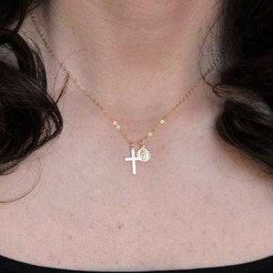Cross Necklace women, Gold Fill Virgin Mary Necklace, Miraculous Medal Necklace, Baby Christening, Baptism Necklace, Cross & Saint Charm