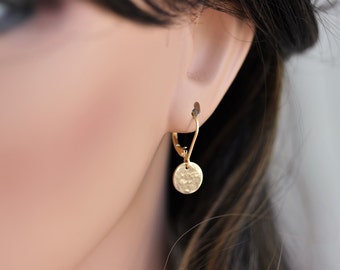 14k Gold Filled Coin Disc Dangle Earrings. 9mm Hammered Round Gold Dot. Small Plain Circle . Lever Back Earrings . Simple Modern Minimal