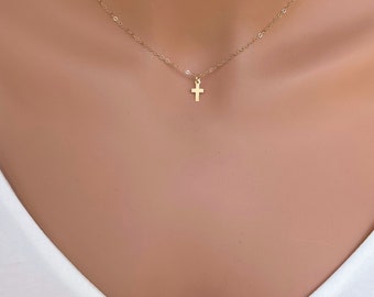 Baptism Gift for girl, 14k gold Small Solid Gold Cross Necklace, Baptism gift girl catholic, Baptism gift girl keepsake, Catholic Gift, Thin