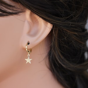Star Earrings Dangle - Gold Star Earrings - Tiny Star Dangle Hoops - Gold Star Earrings - Gift for Her Gold Filled - Gold tiny dangle Drop