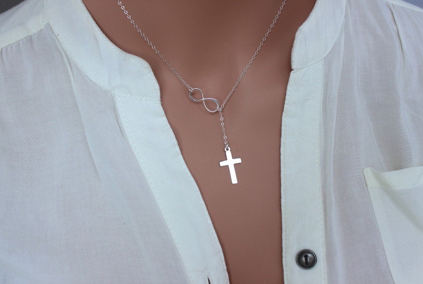 925 Sterling Silver Infinity Dangle Cross Pendant Necklace – Religious Lariat Style – 18 Inch Chain