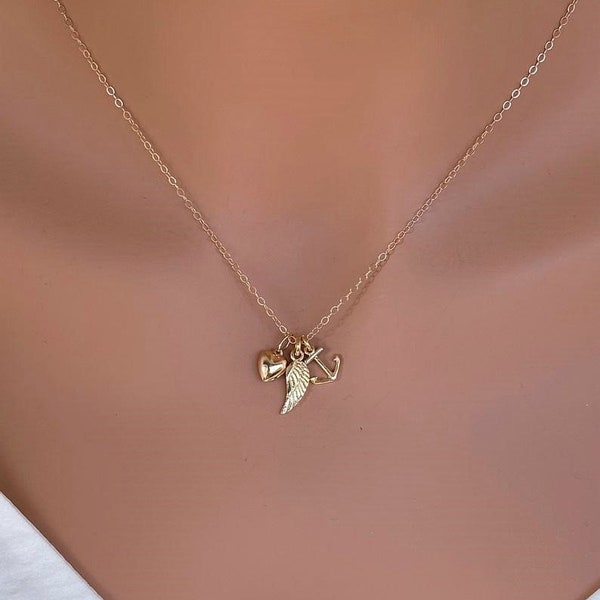 14k solid Gold Anchor wt Angle Wing and Heart Necklace - Anchor necklace women - Nautical Jewelry - Solid Gold Anchor Necklace - Best Friend