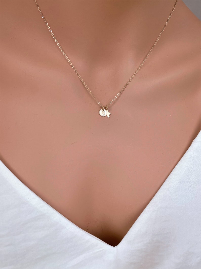 14k solid gold Tiny Initial and Tiny Cross, Super tiny initial with Cross, Solid Gold Chain, Tiny Gold Cross and Tiny Initial in 14k Gold image 9