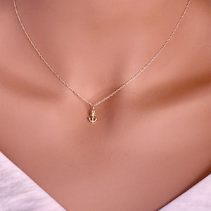 14K Yellow Gold Diamond Anchor Necklace: Tiny Gold Charm