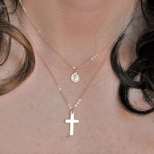 Virgin Mary Medallion & Cross Necklace Set of 2 - Gold Filled Cross Virgin Mary Layered Necklace - Virgin of guadalupe necklace - La virgen