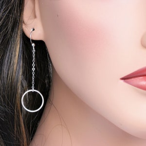 Sterling Silver Circle Dangle Earrings: Hammered Hoop Chain Drop