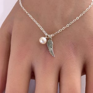 Sterling Silver Angel Wing Necklace: Freshwater Pearl Charm