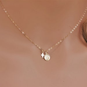Tiny cross and saint charm necklace, Confirmation gifts for girls, Christian Gift Necklace, Baptism Gift, First Communion,Thin/light weight.