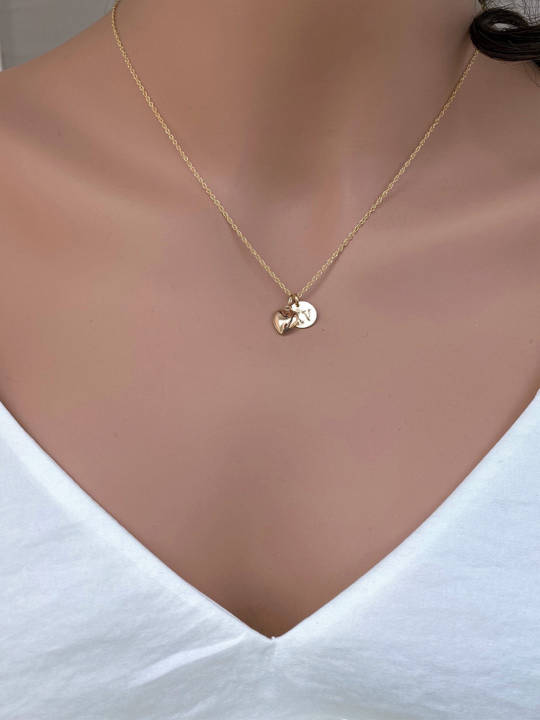 14k Solid Gold Initial Disc Necklace, 9 Mm Initial Coin & Medium Heart Pendant, Custom Initial