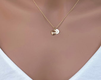 14k solid gold Initial Disc necklace, 9 mm Initial Coin & medium Heart pendant, Custom initial Necklace, Monogram Initial Necklace, Heart