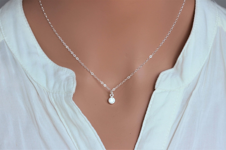 Tiny CA dot dangle Silver Cz necklace Round solitaire CZ bezel charm Sparkling CZ diamond-April Birthstone Cubic zirconia necklace