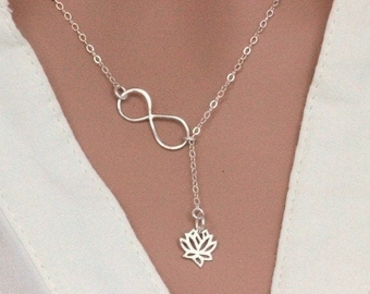 Sterling Silver Infinity Lariat lotus neckalce - Adjustable Sterling Silver infinity Lotus necklace - Mother necklace - figure eight - Lotus