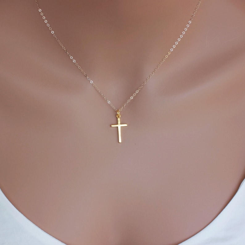 14k solid gold Cross necklace, Thick yellow Gold Cross Pendant necklace wt skinny chain, 14k Yellow Gold Cross Necklace 14k Cross jewelry image 1