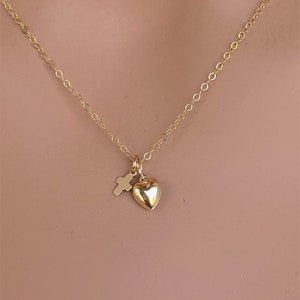 14k Solid Gold Tiny Cross and Puffed Heart Necklace, Confirmation Gift for her, Confirmation Sponsor Gift, 14k Gold Tiny Heart Charm, Easter
