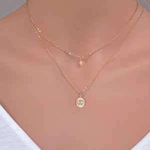 Virgin Mary Necklace Set: 14k Gold Fill Cross, Layered Religious Jewelry