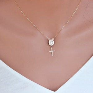 14k Gold Fill Virgin Mary Cross Necklace: Confirmation Gift