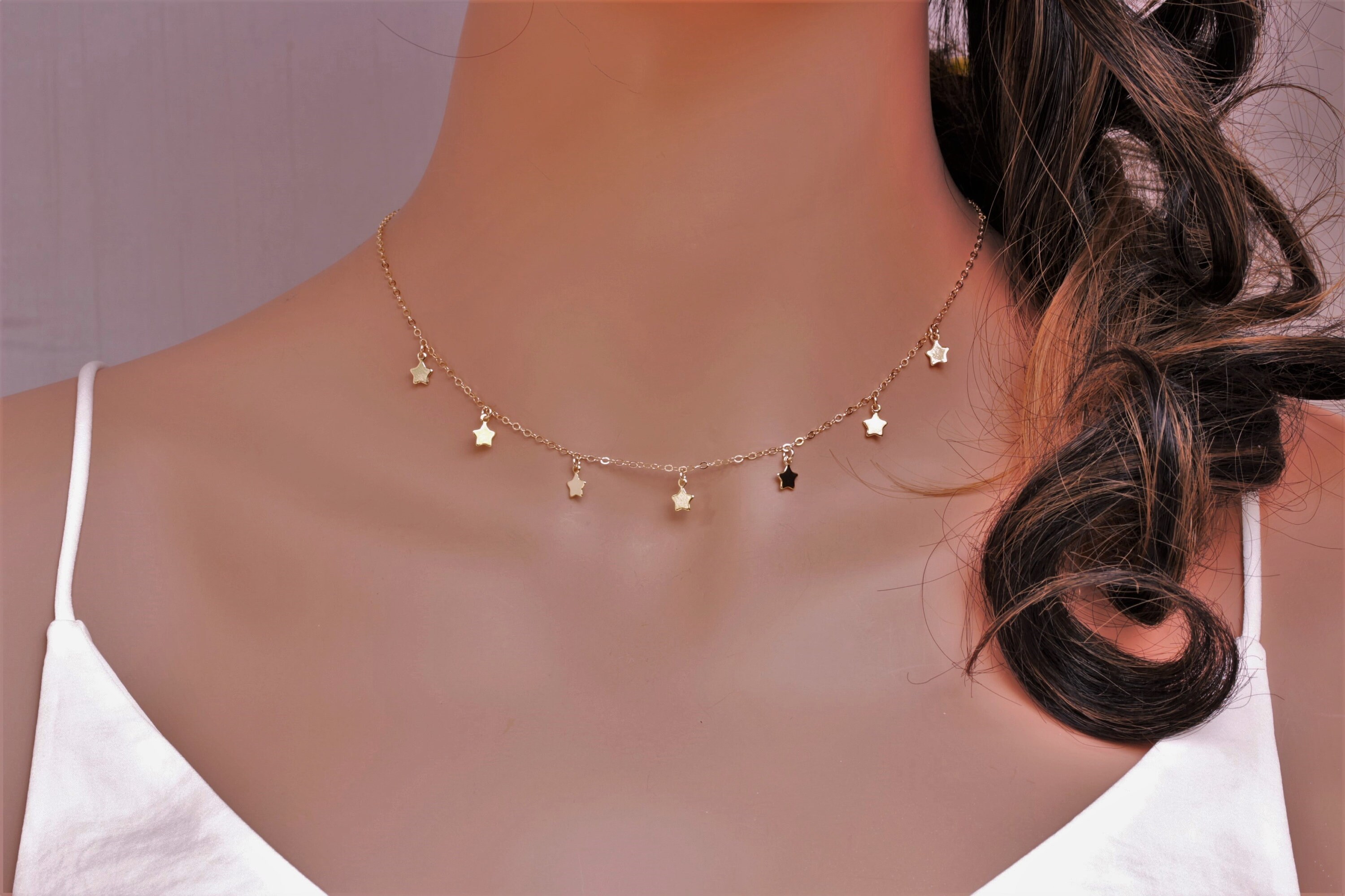S.J JEWELRY 14K Gold Plated Layered Necklace Set - Dog Tag & Paperclip Choker With Star Pendant