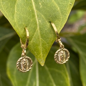 14k Gold Fill Virgin Mary Hoop Earrings: Dainty Religious Jewelry