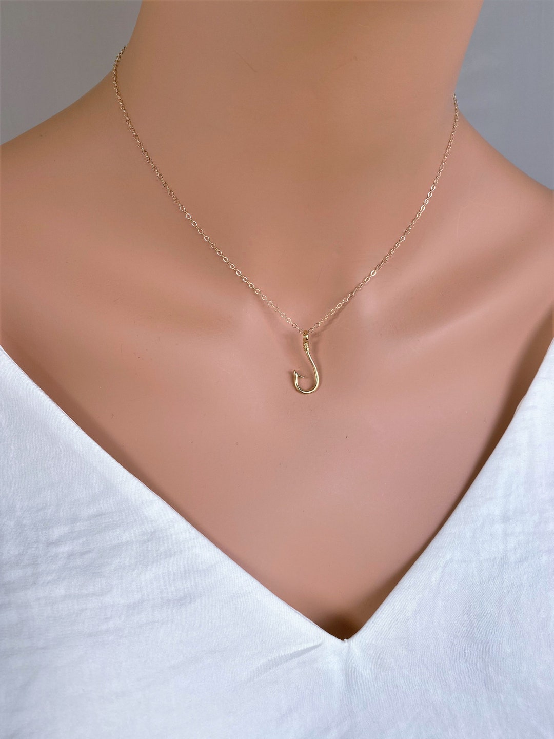 14k Solid Gold Fish Hook Necklace 21mm Gold Fish Hook Pendant14k