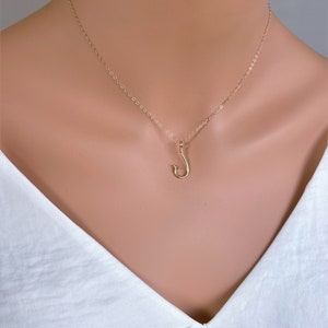 14k Solid Gold Fish Hook Necklace: Minimalist Summer Jewelry