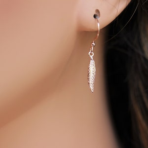 Rose Gold Filled Feather Earrings: Skinny Dangle Boho Jewelry