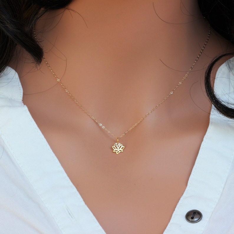 14k Gold Lotus Necklace, Meditation Symbol Jewelry, Gold Flower Jewelry, Best Gifts for Girlfriend, Yoga Necklace-Bridesmaid Gift image 1