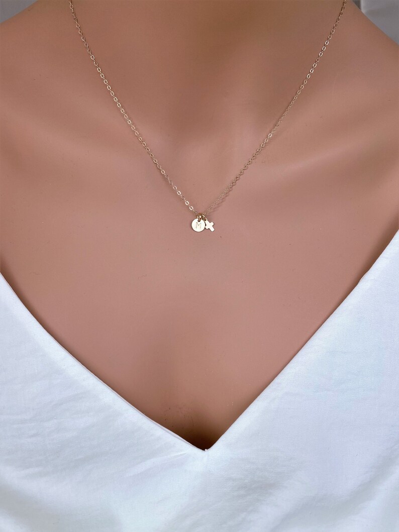 14k solid gold Tiny Initial and Tiny Cross, Super tiny initial with Cross, Solid Gold Chain, Tiny Gold Cross and Tiny Initial in 14k Gold image 8
