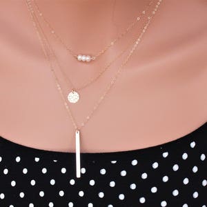 Gold Layered Necklace Set: Pearl, Disc, Bar Pendants