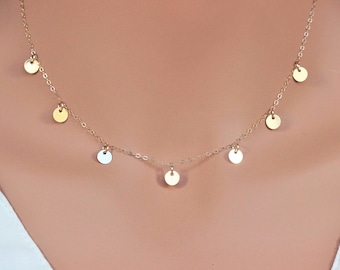 Gold Disc Dangle necklaceGold Coin Drop necklace, Prom Necklace, Little Circle Drop Dangle, Silver disc choker, Gold coin, Circle Necklace.