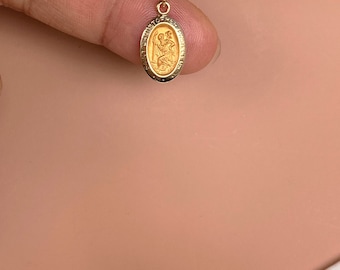 Small 14K Solid Yellow Gold Saint Christopher Oval Medal Pendant - small and light weight Saint Christopher Necklace - Protection jewelry