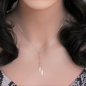 Collana Y Lariat con piuma d&#39;oro: oro riempito 14k, minimalista