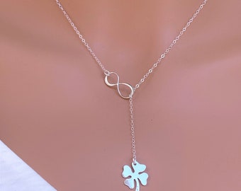 Sterling Silver Four Leaf Clover Necklace, Good Luck or Lucky Gift, lariat & Y necklace, 4 Leaf Clover Necklace - Graduation gift for her