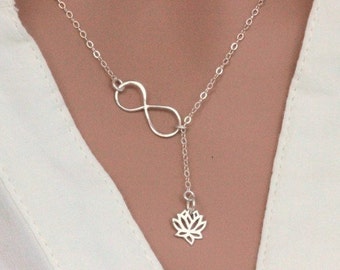 Sterling Silver Lotus Flower Necklace - Lotus infinity Necklace - lotus jewelry - Infinity lariat necklace - lotus jewelry - yoga necklace