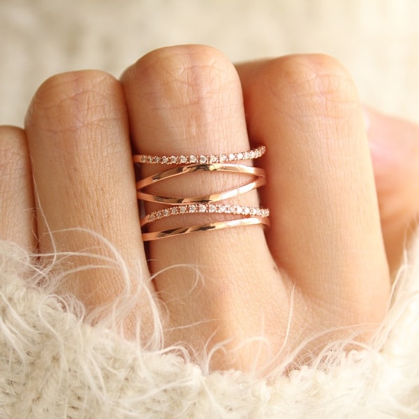 Stacked Crystal Rose Gold Ring, Dainty, Delicate, Free Size Ring, Adjustable rings for women, For Her, Gift for Girlfriend Wife Women