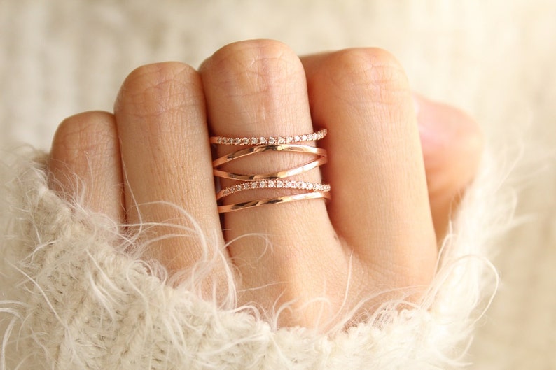 Stacked Crystal Rose Gold Ring Dainty Delicate Free Size image 1