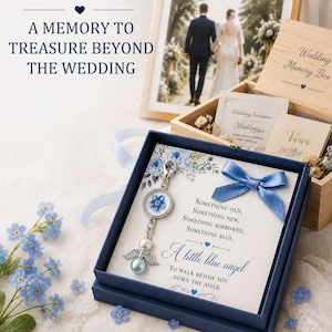 Op de afbeelding: Een blauwe geschenkdoos met een zilveren bedel met een blauwe vergeet-mij-niet bloem, een witte parel en zilveren engelenvleugels. De kaart bevat de tekst: Something old, something new, something borrowed, something blue. A little blue angel to walk beside you down the aisle.