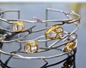 Sliced diamonds, 18 k gold and Sterling silver bracelet