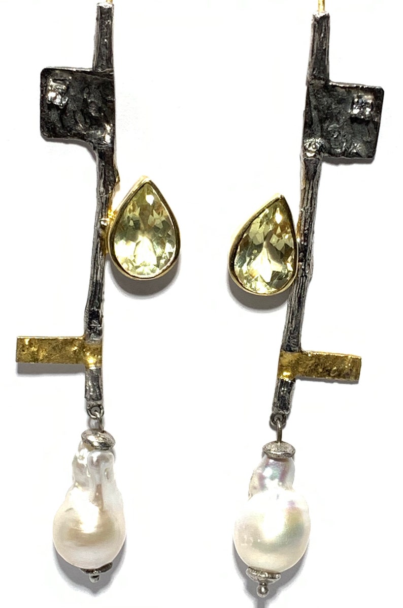 Freshwater barook pearl ,lemon quartz and white topaz set in Sterling silver earrings image 2
