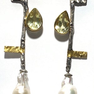 Freshwater barook pearl ,lemon quartz and white topaz set in Sterling silver earrings image 3